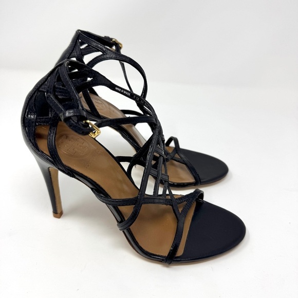 Tory Burch Amalie Black Cage Straps High Heels - Picture 5 of 11